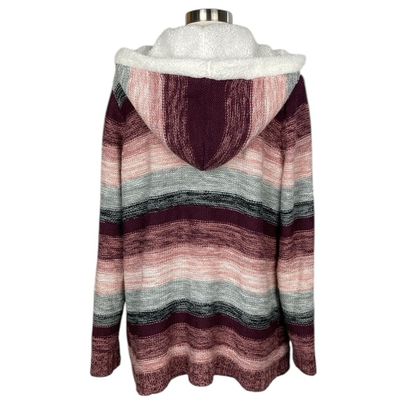Long Pink Gray Knit Sherpa Hooded Cardigan, Size XL - Picture 5 of 15